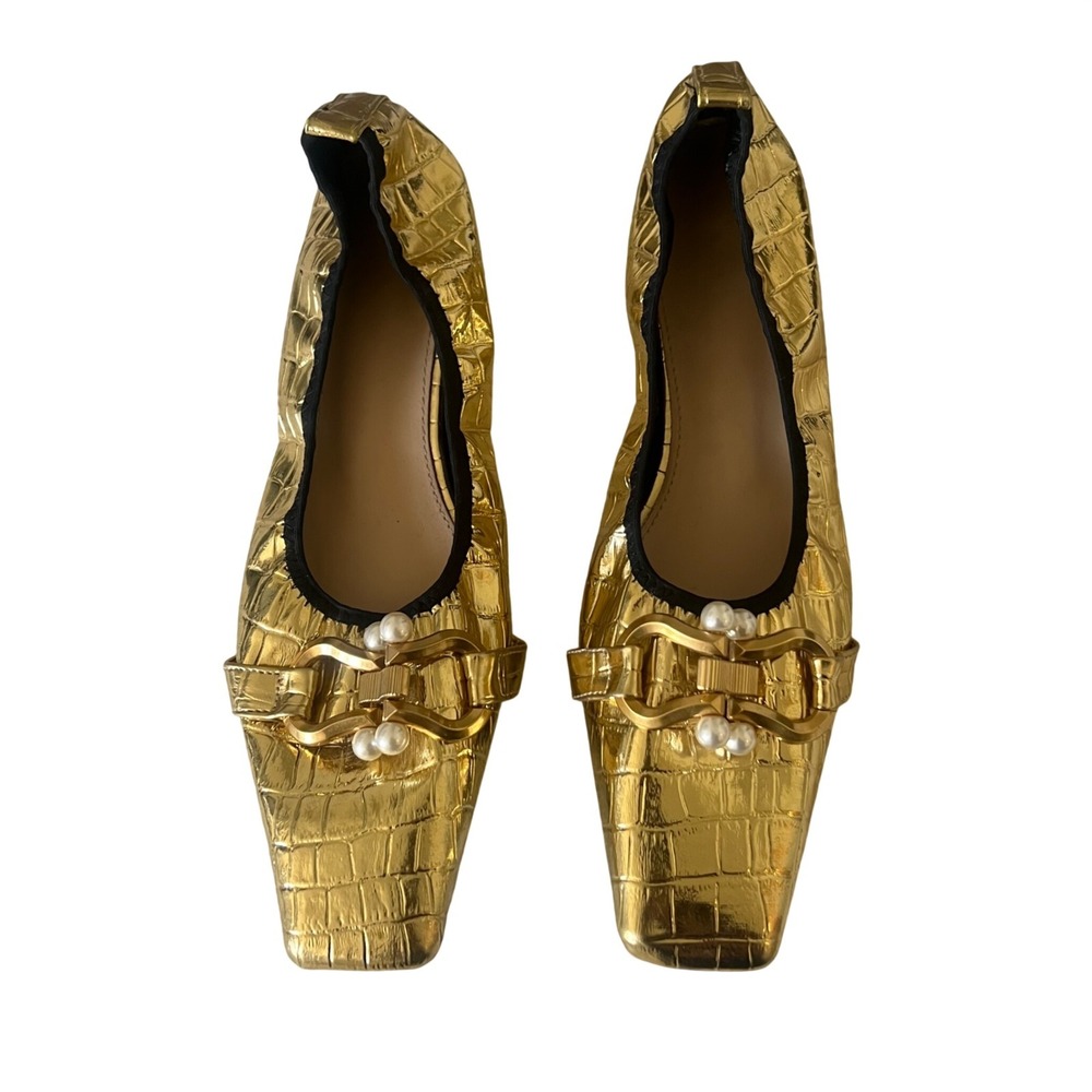 Gold Womens Croc Embossed Square Toe Pearl Buckle Flats Asian 245 1.5/US 7.5 - Picture 2 of 6